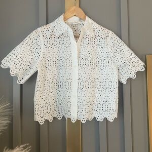 FRAME Eyelet Lace Short-Sleeve Button-Up Blouse – White, Size S NWOT